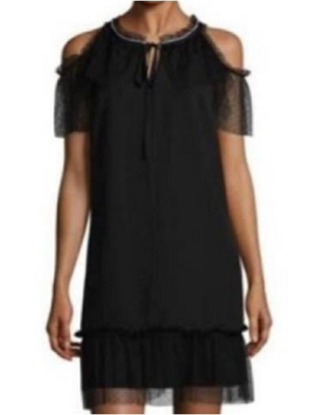 libby. edelman Black Cold-Shoulder Ruffle Hem Mini Dress